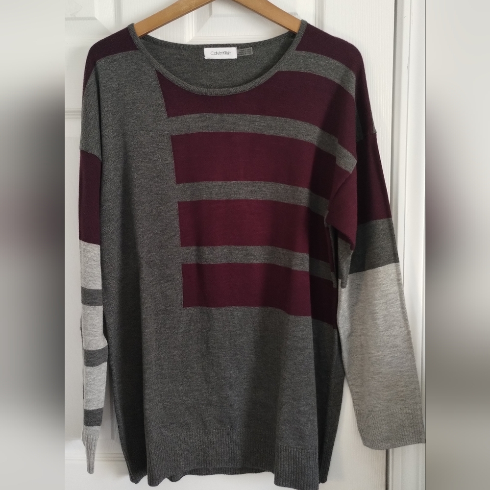 Calvin Klein Gray and Burgundy Striped Lightweight Sweater